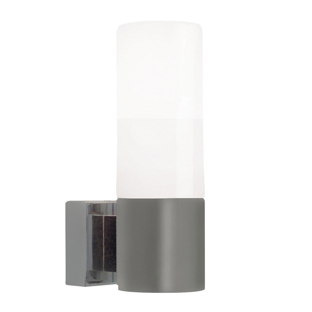 Chrome wall light with a frosted cylindrical glass diffuser and grey base.