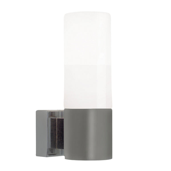 Chrome wall light with a frosted cylindrical glass diffuser and grey base.