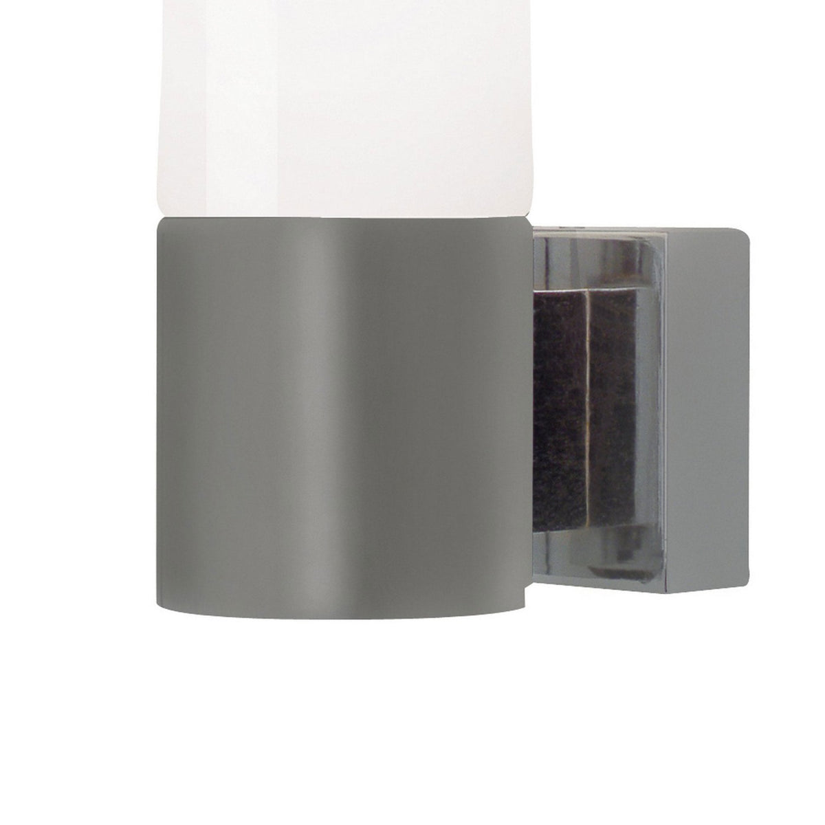 Close-up of the chrome wall light's grey base and frosted glass diffuser.