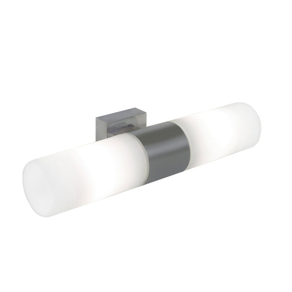 Tangens IP44 Twin Bathroom Wall Light In Brushed Steel with Opal Glass Shade
