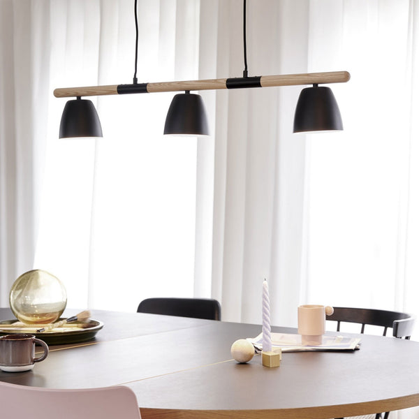 Theo 3 Light Linear Pendant in Natural Wood & Black