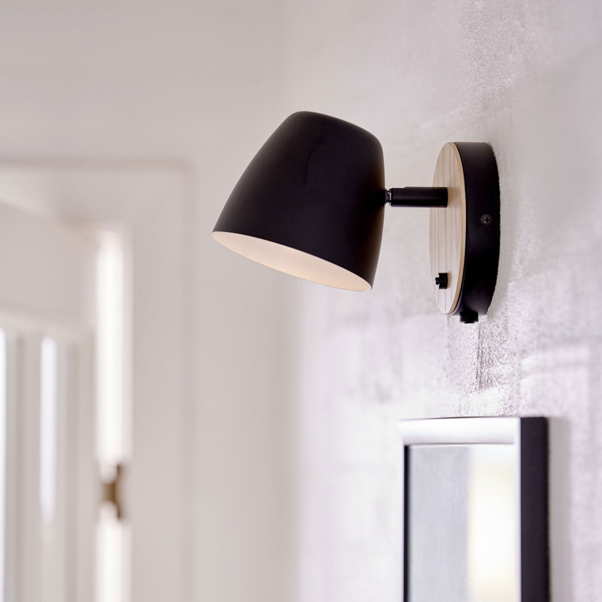 Theo Adjustable Plugged Wall Light in Natural Wood & Black