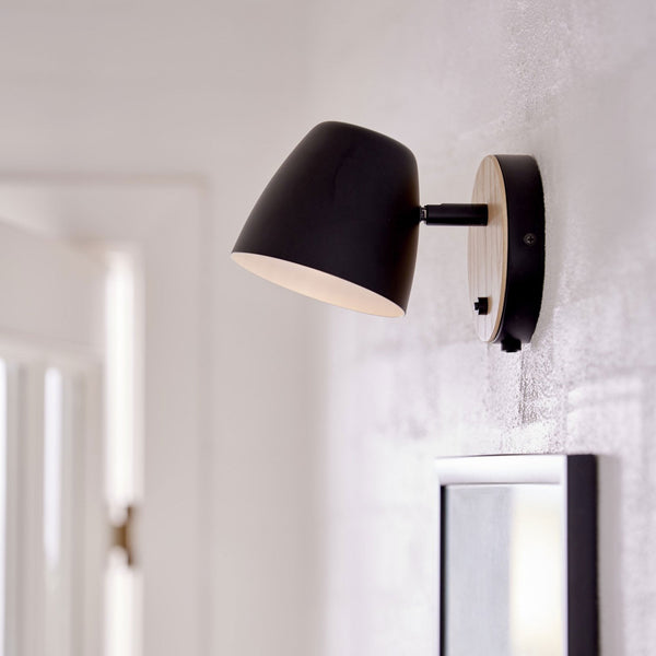 Theo Adjustable Plugged Wall Light in Natural Wood & Black
