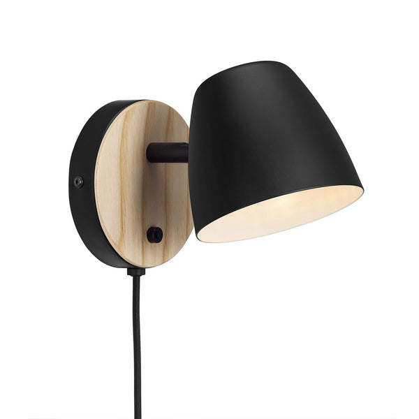 Theo Adjustable Plugged Wall Light in Natural Wood & Black