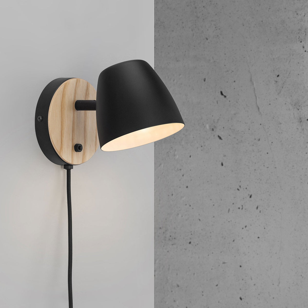 Theo Adjustable Plugged Wall Light in Natural Wood & Black