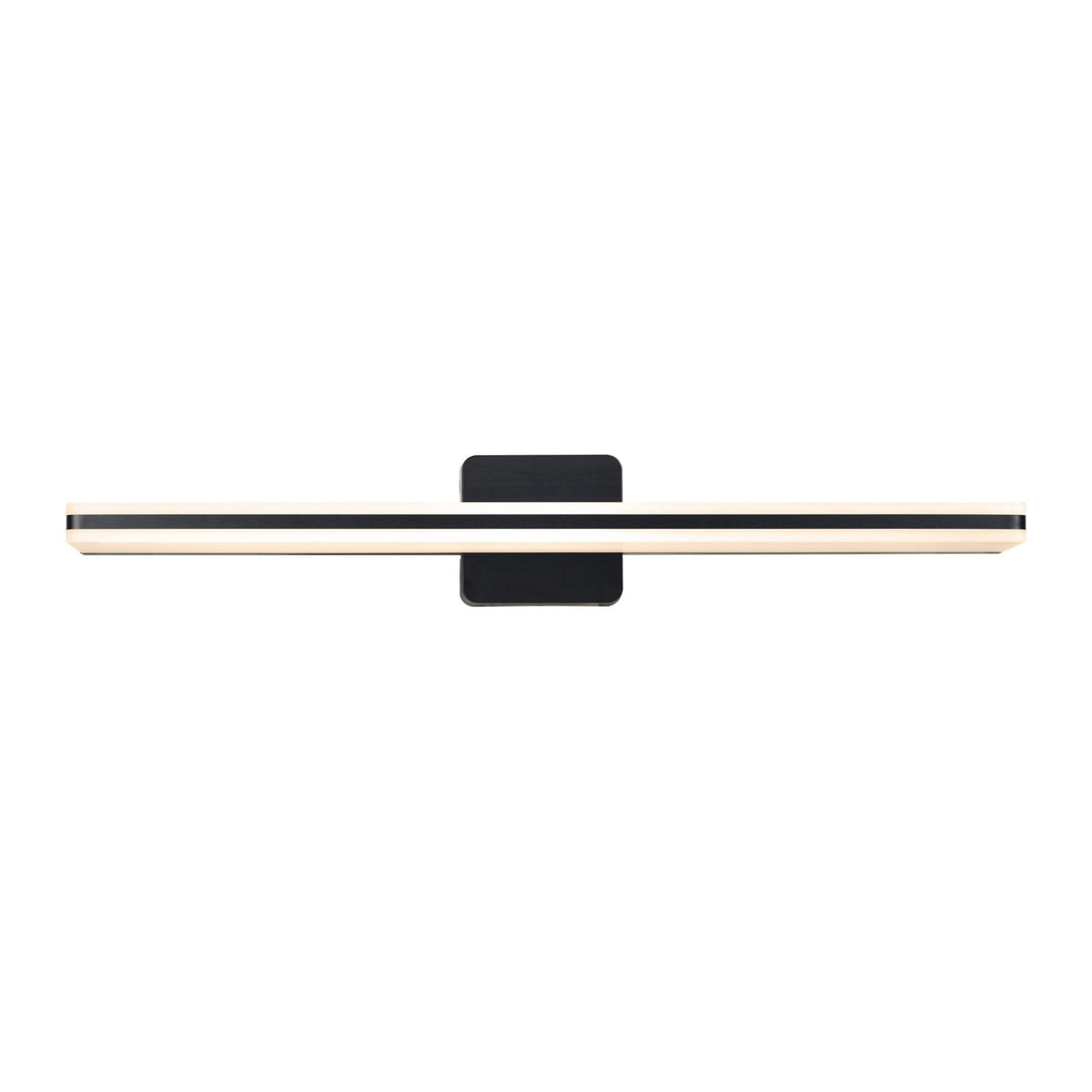 A black linear mirror light, viewed front-on, showing its sleek, modern design.