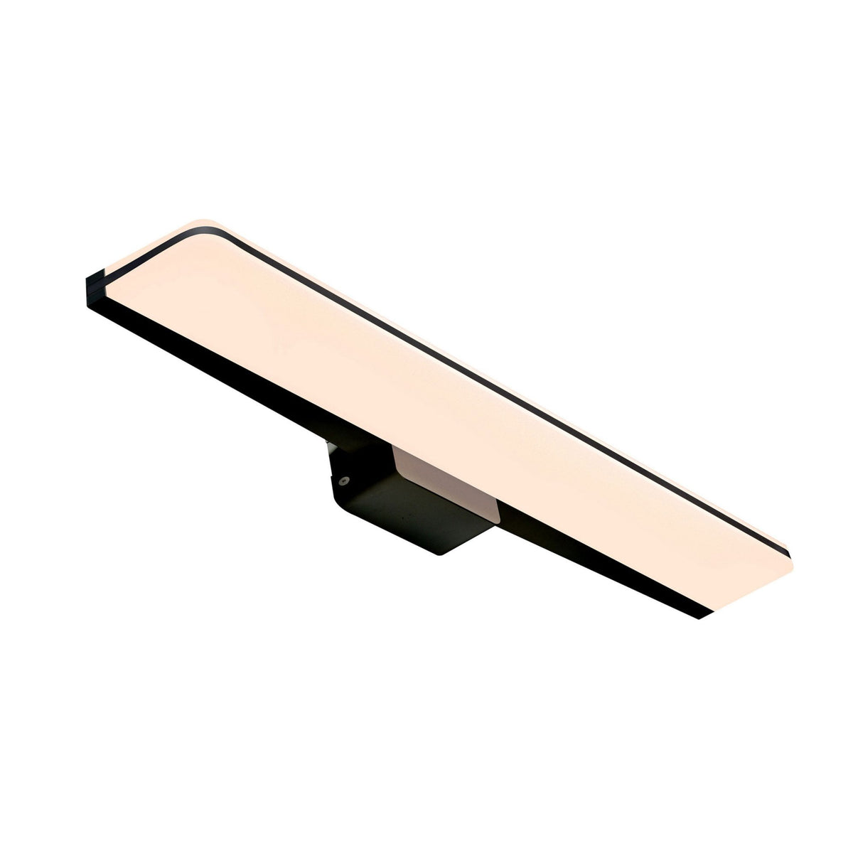 A black linear mirror light, viewed from an angle, highlighting its slim profile.