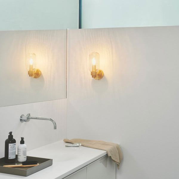 Tutan IP44 Bathroom Wall Light In Brass with Textured Glass Shade