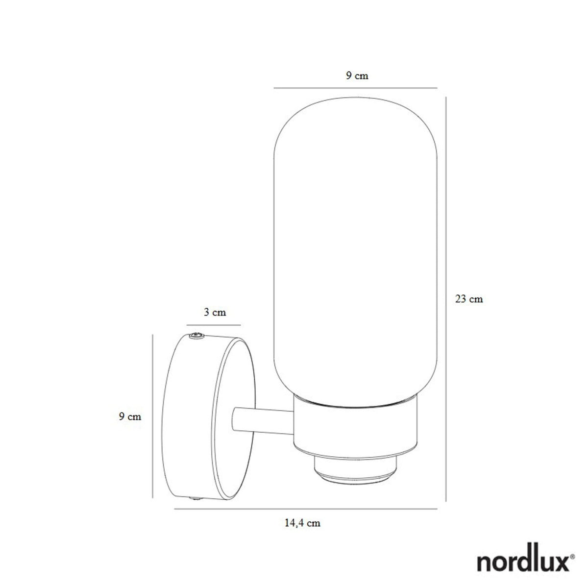 Line drawing of the Nordlux Notti wall light with dimensions: 23cm high, 9cm wide, 14.4cm deep