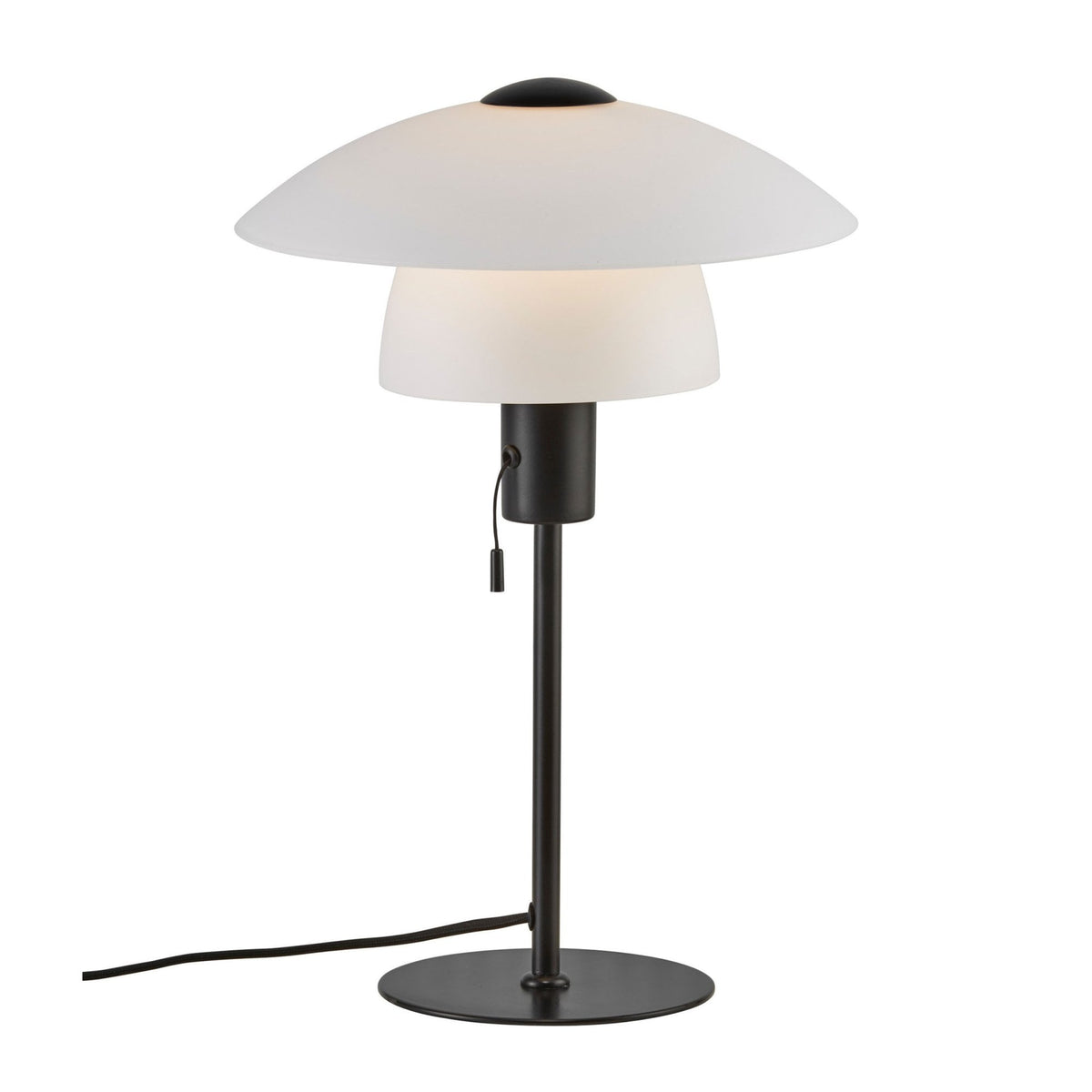 Black metal table lamp with a white mushroom-shaped shade
