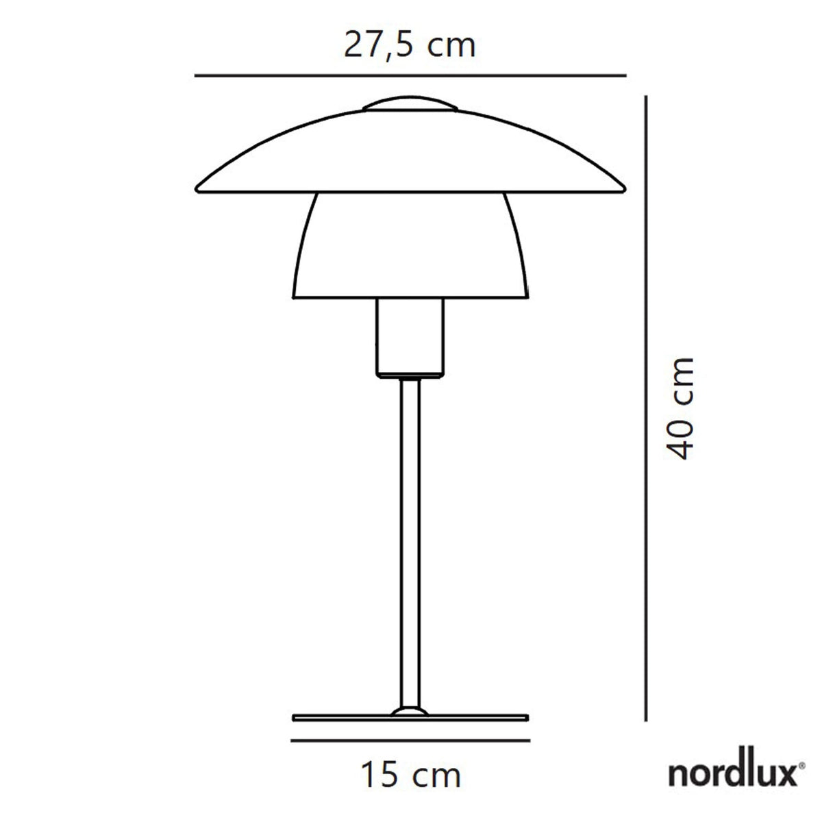 Nordlux table lamp technical drawing with dimensions: 40 cm height, 27.5 cm shade width, 15 cm base width