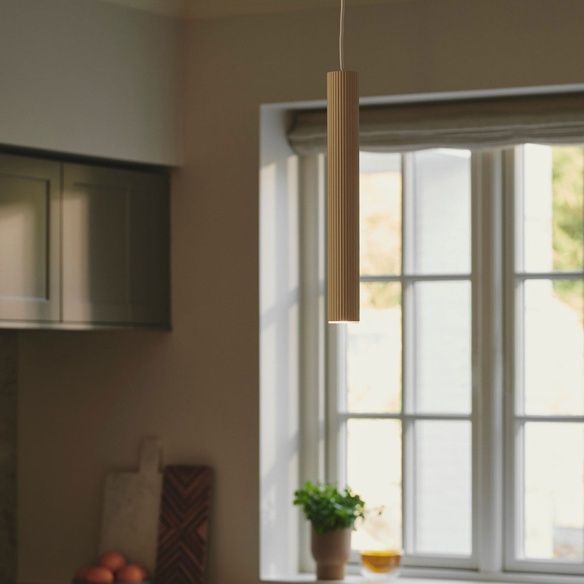 Vico Single Pendant in Beige with White Fabric Cable