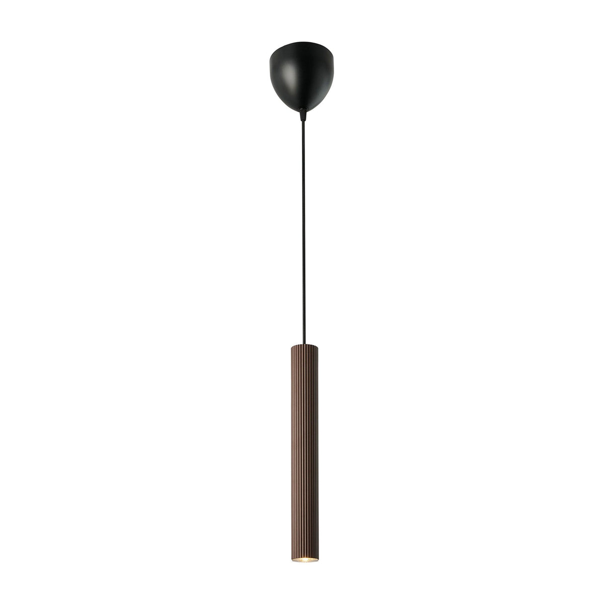 A single cylindrical brown pendant light with a black ceiling rose on a white background.