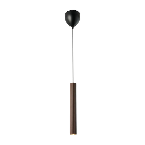 A single cylindrical brown pendant light with a black ceiling rose on a white background.