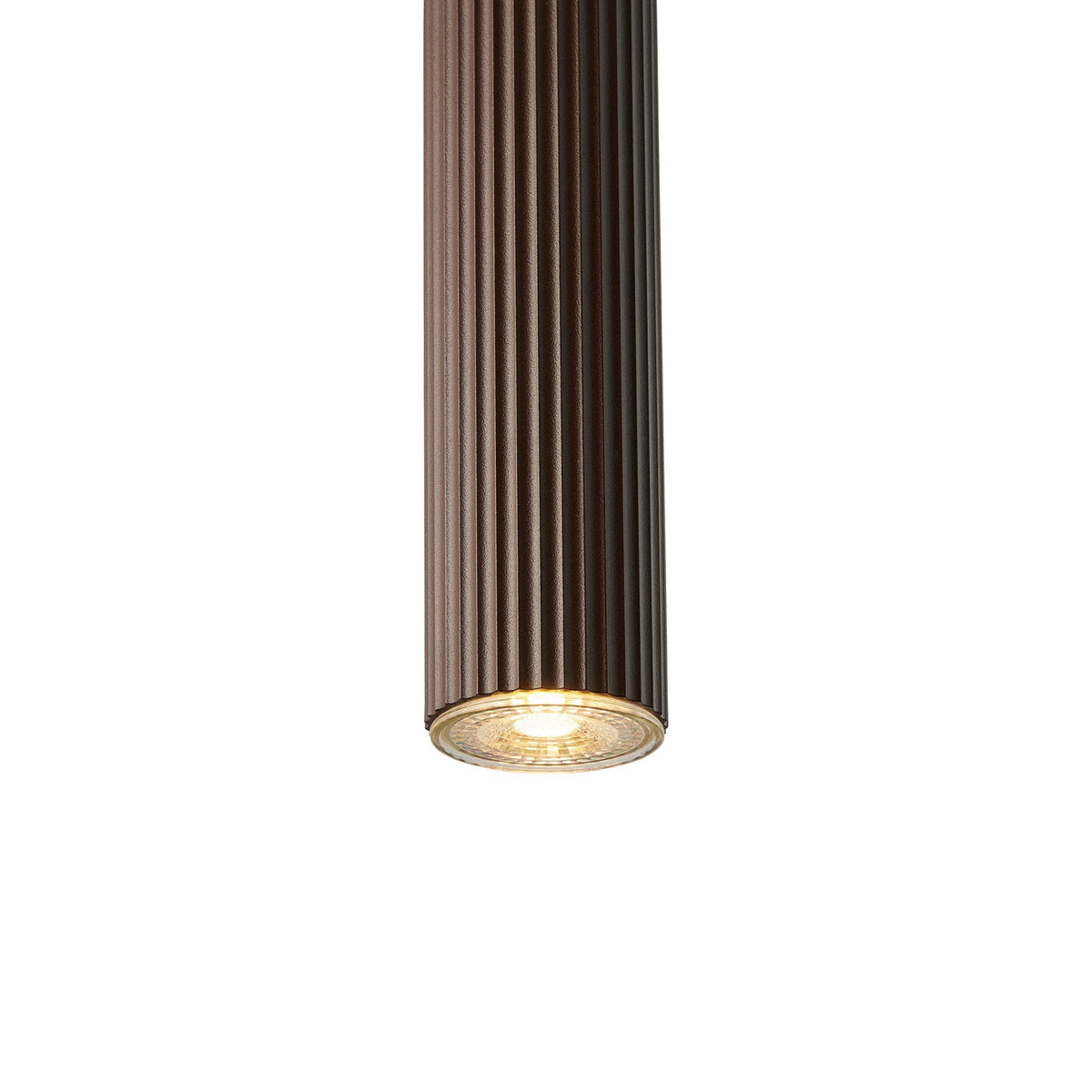Close-up of the textured cylindrical brown pendant light with the light illuminated.