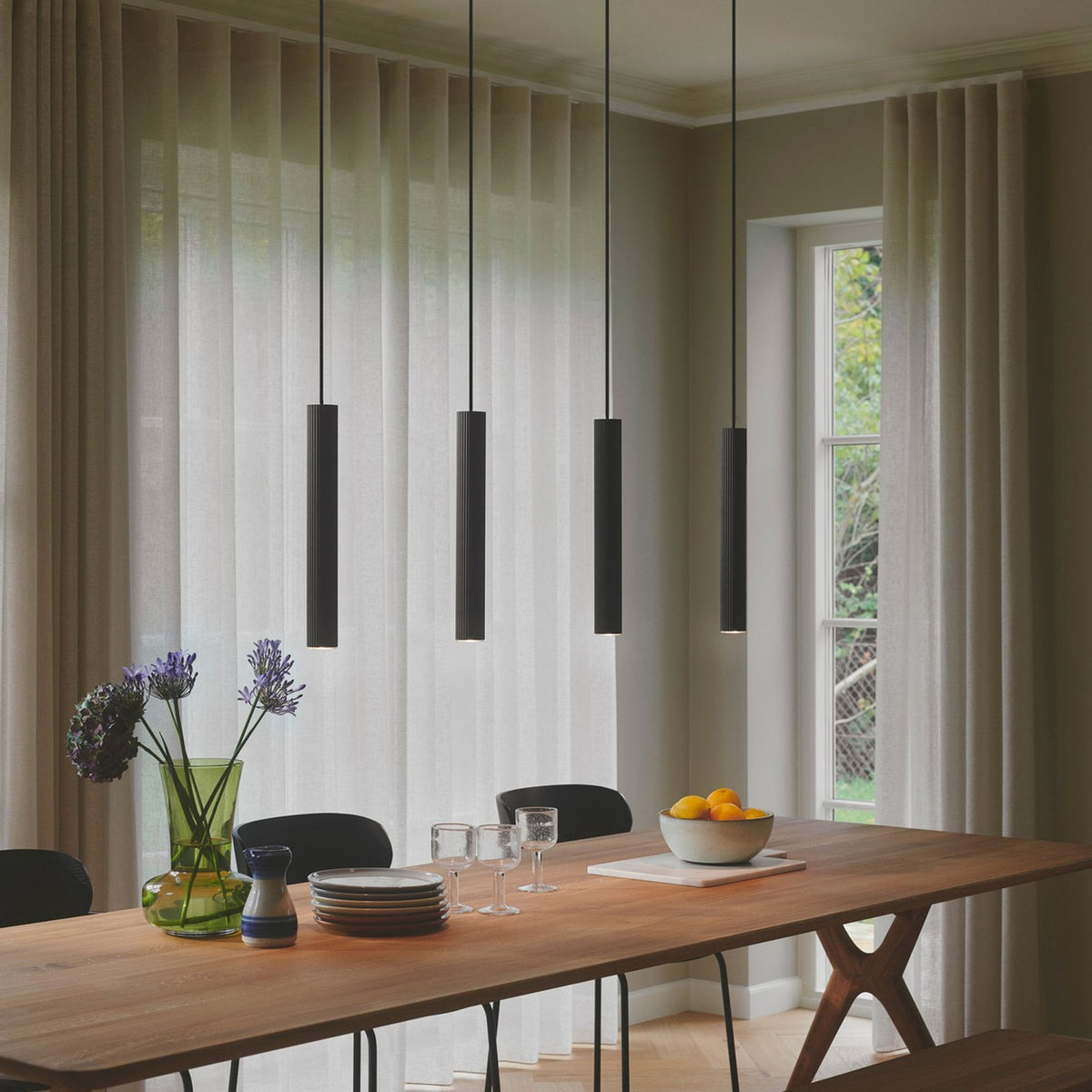 Vico 4 Light Linear Pendant in Black with Black Fabric Cable