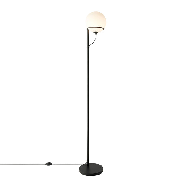 A tall, slender black floor lamp with a white spherical shade on a white background.