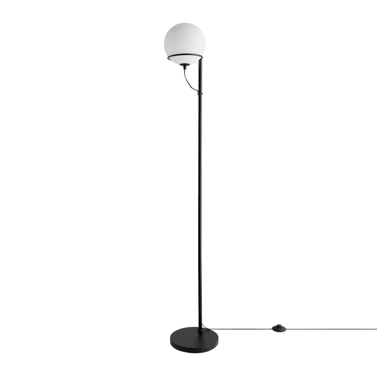 A full view of the black floor lamp with a white spherical shade and power cord.