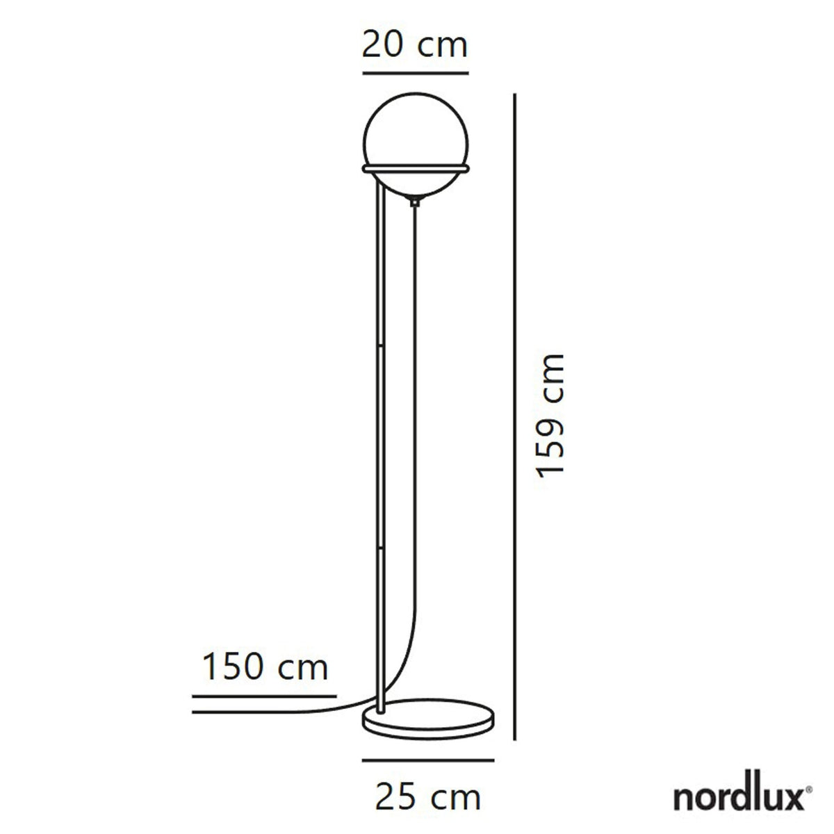 A diagram illustrating the dimensions of the Nordlux black floor lamp with a sphere.