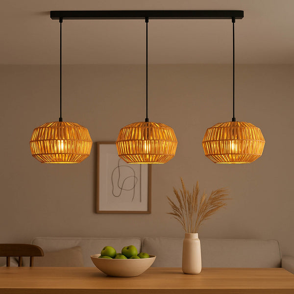 Sheldon Triple Drop Linear Pendant with Natural Rope Shades