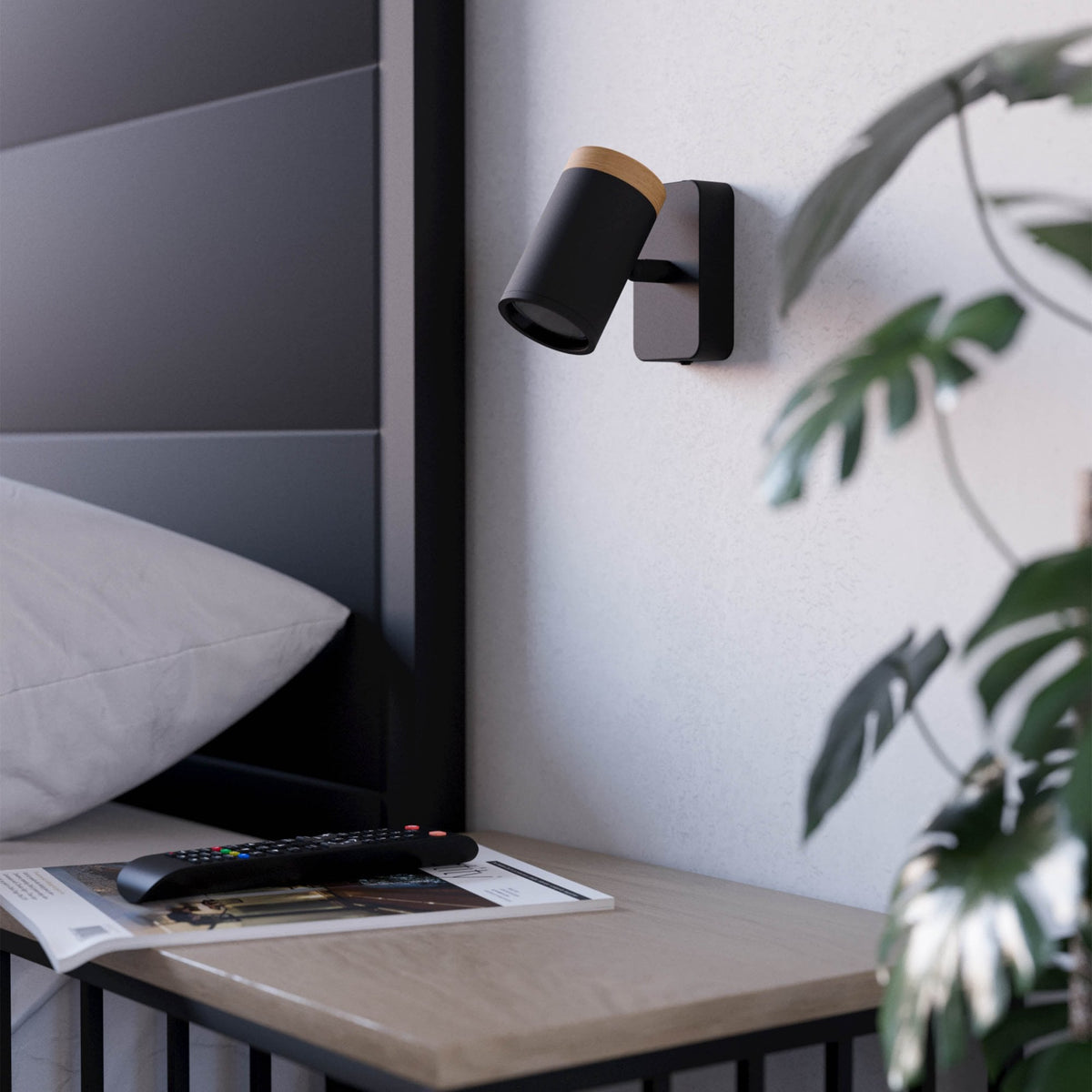 Consuma IP44 Single Spotlight in Black with Wood Detailing