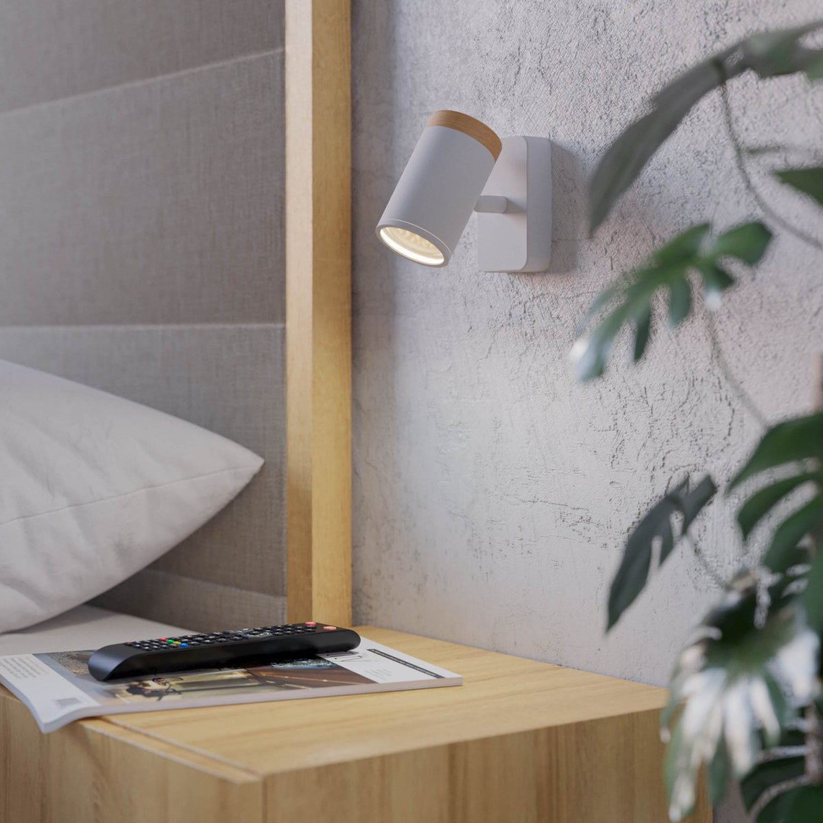 Consuma IP44 Single Spotlight in White with Wood Detailing