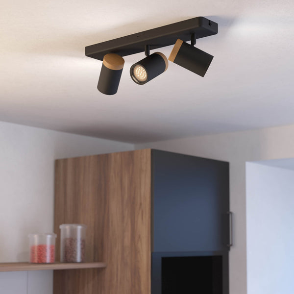 Consuma IP44 Triple Linear Spotlight in Black with Wood Detailing