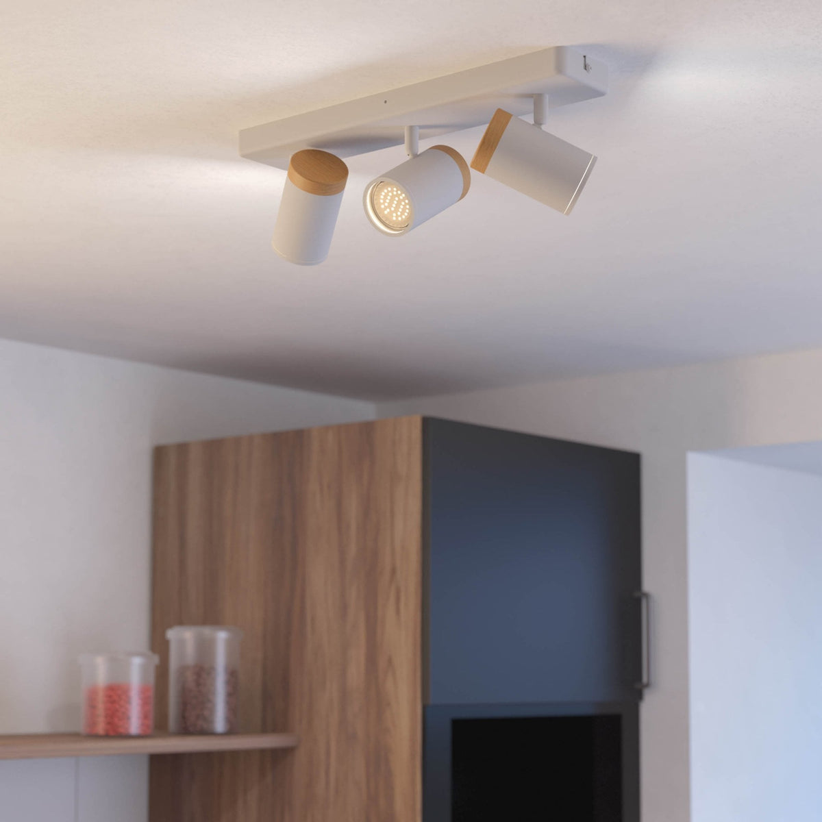 Consuma IP44 Triple Linear Spotlight in White with Wood Detailing