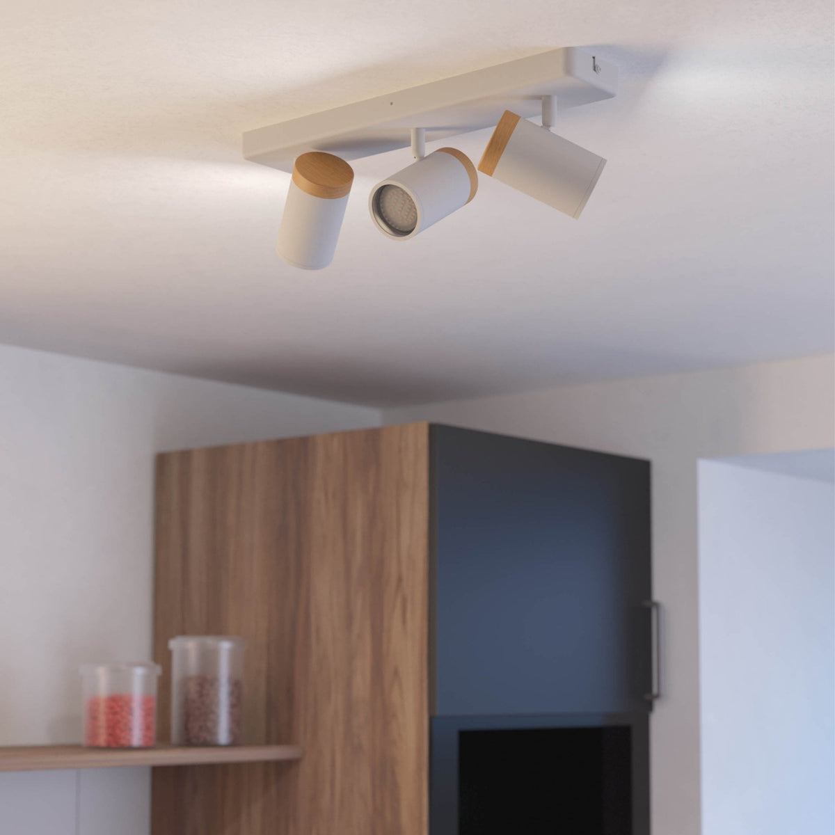 Consuma IP44 Triple Linear Spotlight in White with Wood Detailing