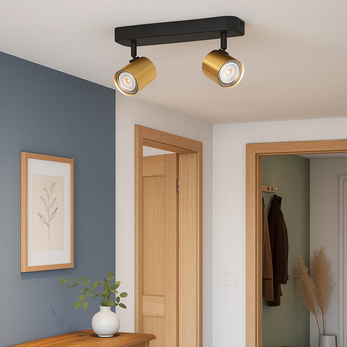 Consuma 1 IP44 Twin Head Linear Spotlight in Black and Brushed Brass