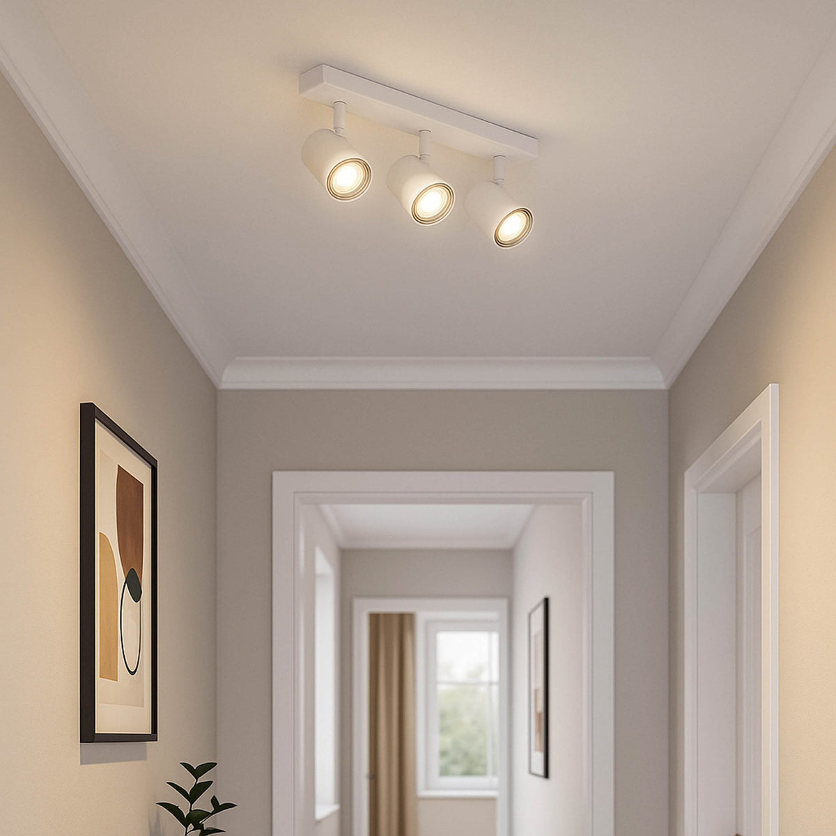 Eglo Consuma 1 IP44 Triple Head Linear Spotlight in White on a ceiling in a hallway