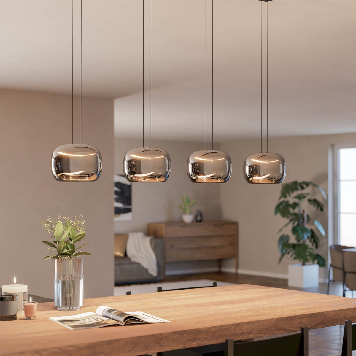 Hortunas Four Drop LED Linear Pendant Light in Black with Black Fumed Glass Shades