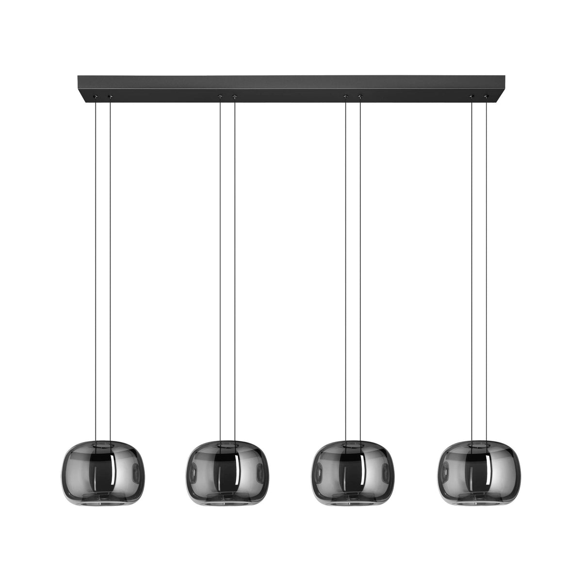 Hortunas Four Drop LED Linear Pendant Light in Black with Black Fumed Glass Shades