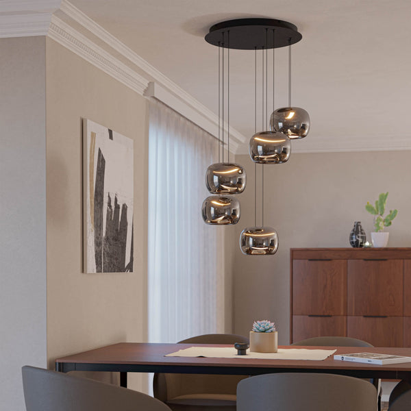 Hortunas Five Drop LED Cluster Pendant Light in Black with Black Fumed Glass Shades