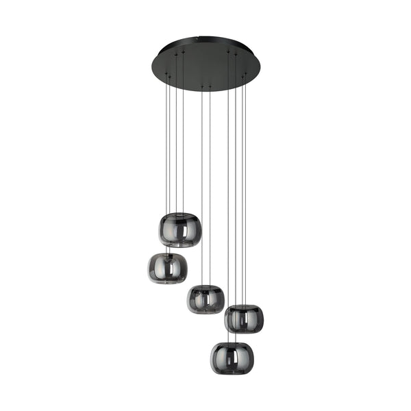 Hortunas Five Drop LED Cluster Pendant Light in Black with Black Fumed Glass Shades