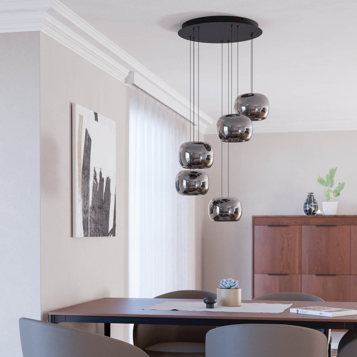 Hortunas Five Drop LED Cluster Pendant Light in Black with Black Fumed Glass Shades