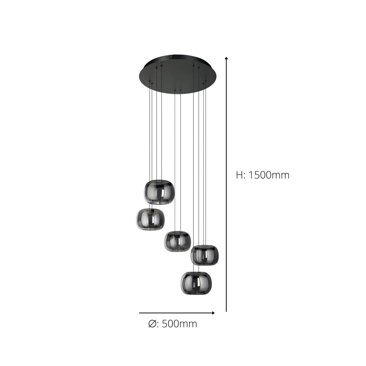 Hortunas Five Drop LED Cluster Pendant Light in Black with Black Fumed Glass Shades