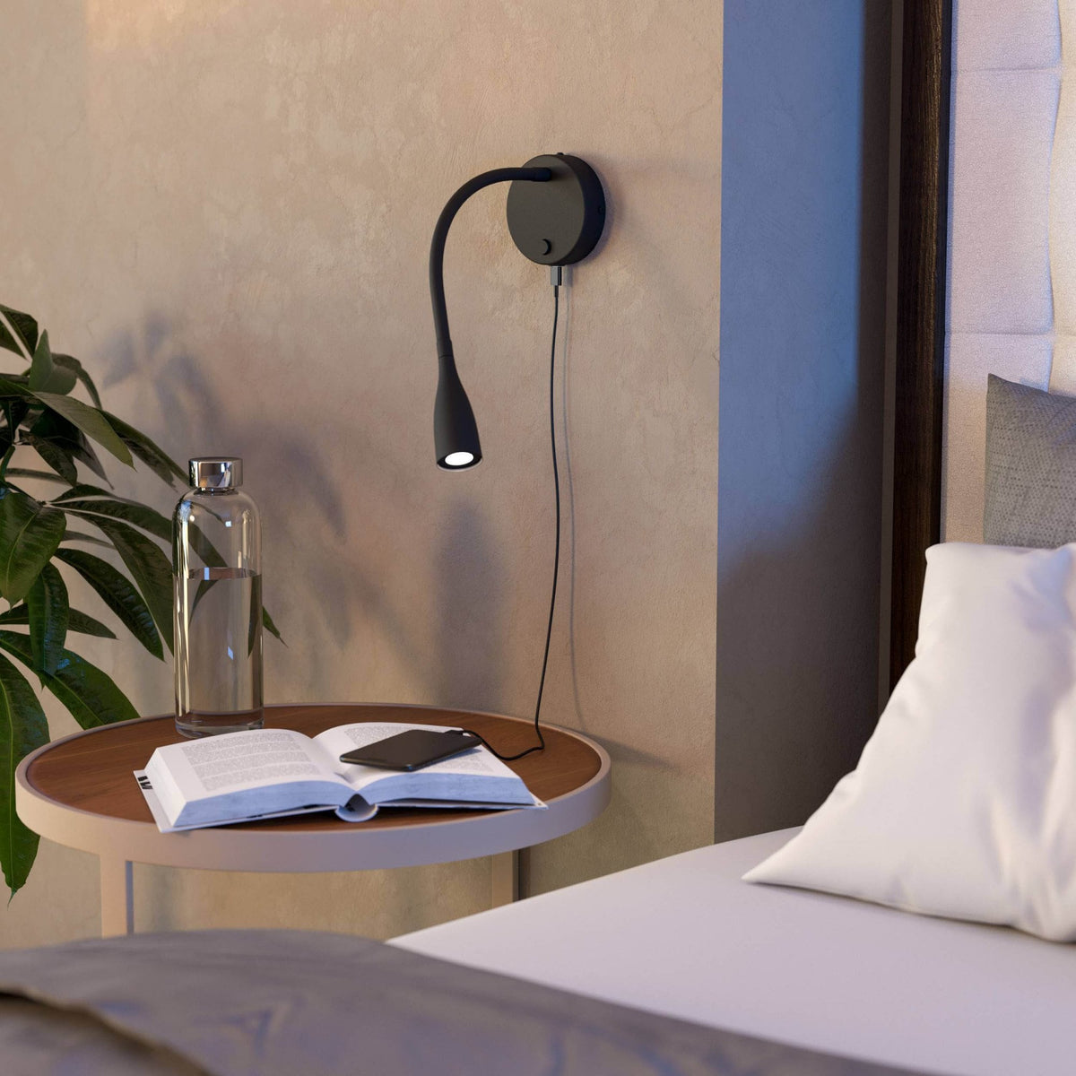 Olivandino Flexible LED Bedside Reader Wall Light with USB Charging Port in Black