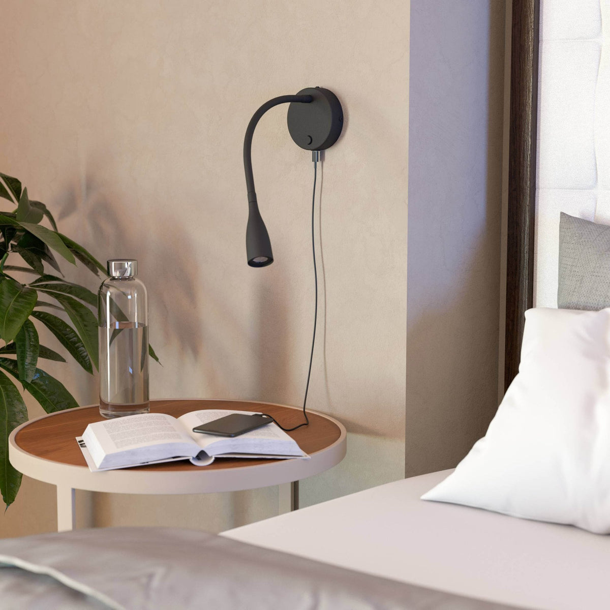 Olivandino Flexible LED Bedside Reader Wall Light with USB Charging Port in Black