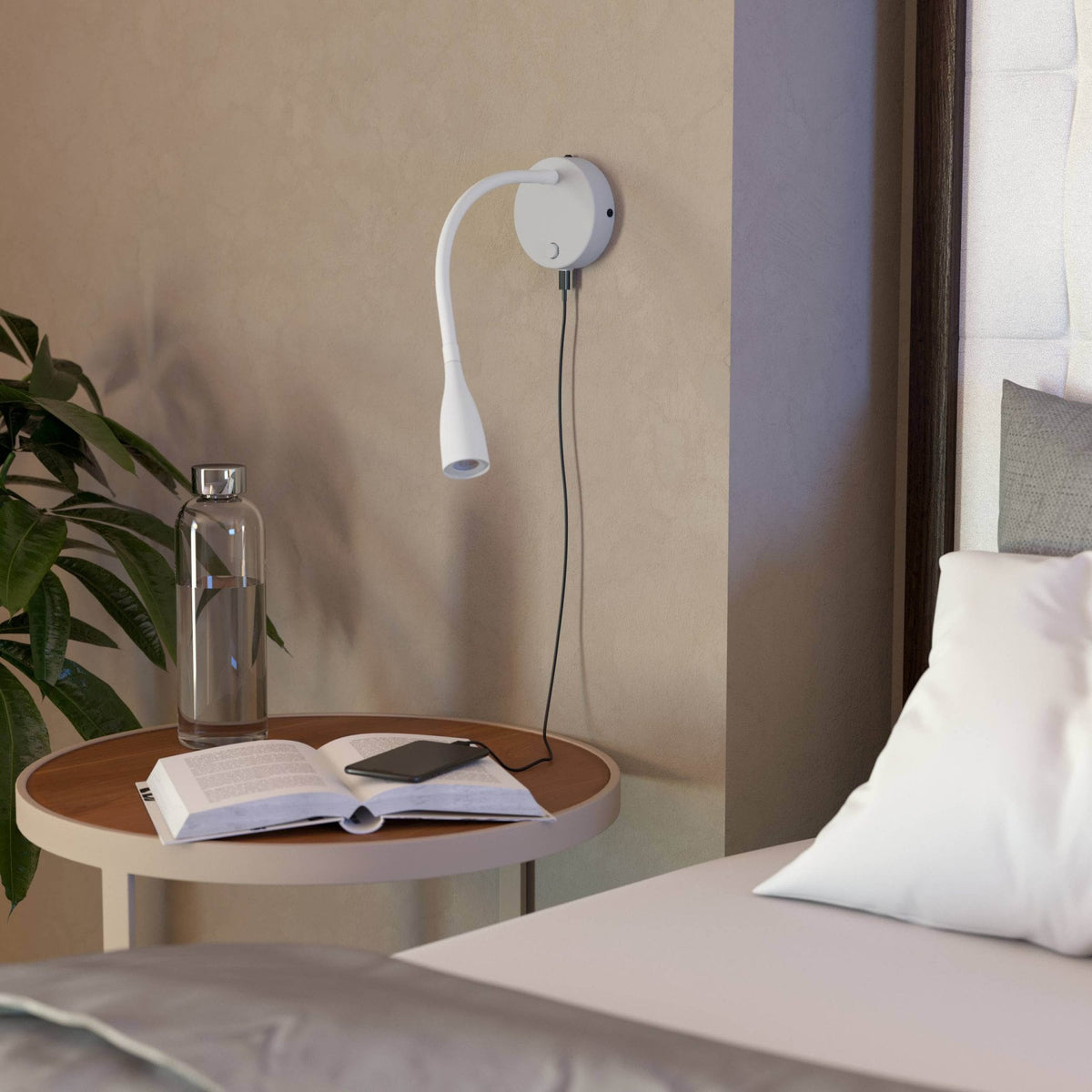 Olivandino Flexible LED Bedside Reader Wall Light with USB Charging Port in White