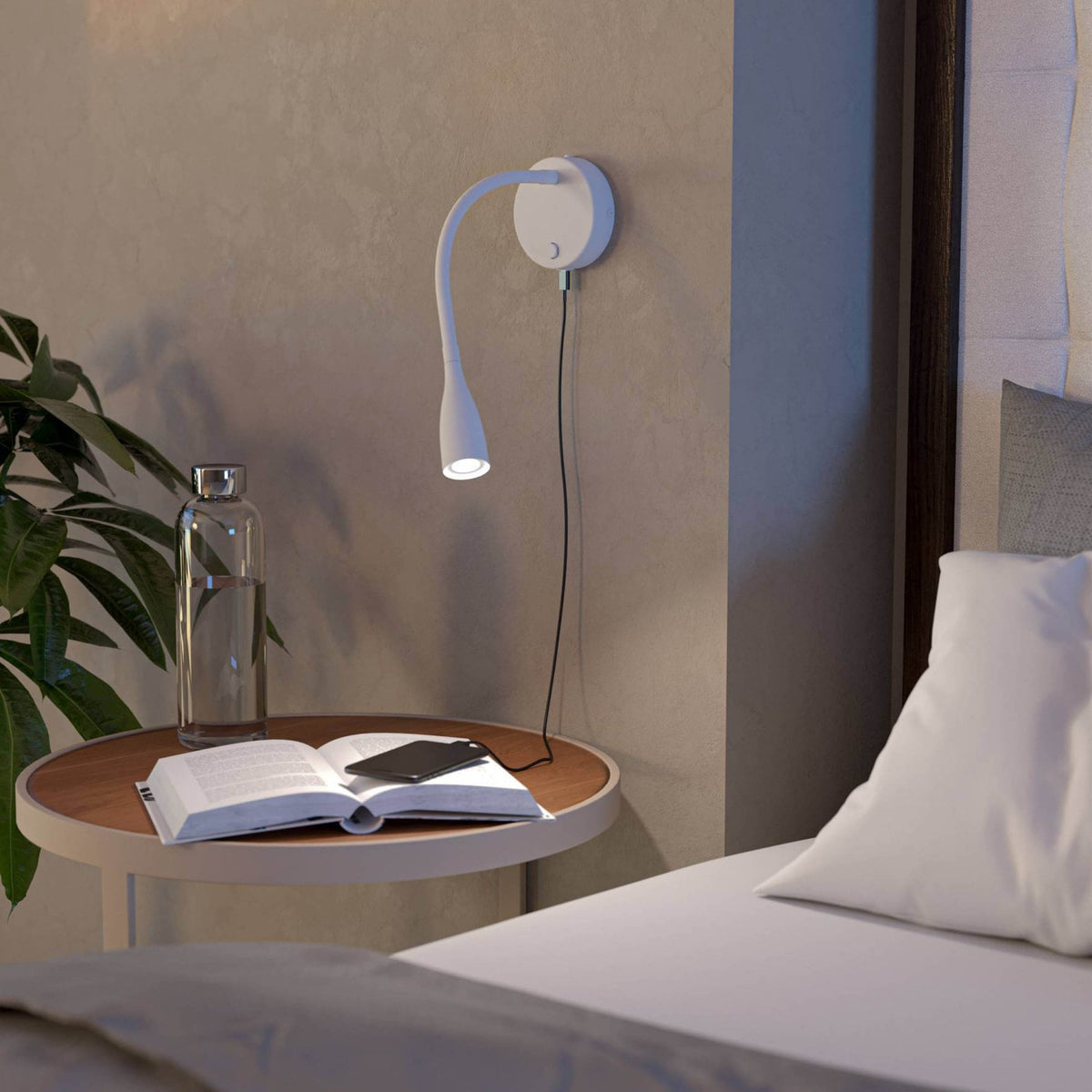 Olivandino Flexible LED Bedside Reader Wall Light with USB Charging Port in White
