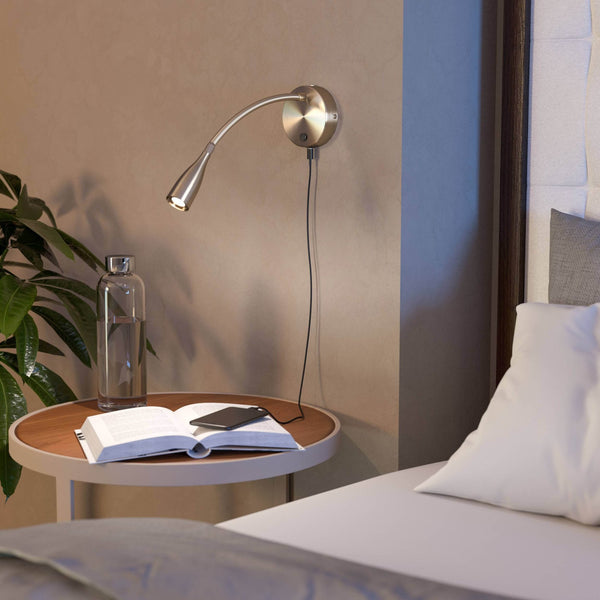 Olivandino Flexible LED Bedside Reader Wall Light with USB Charging Port in Satin Nickel