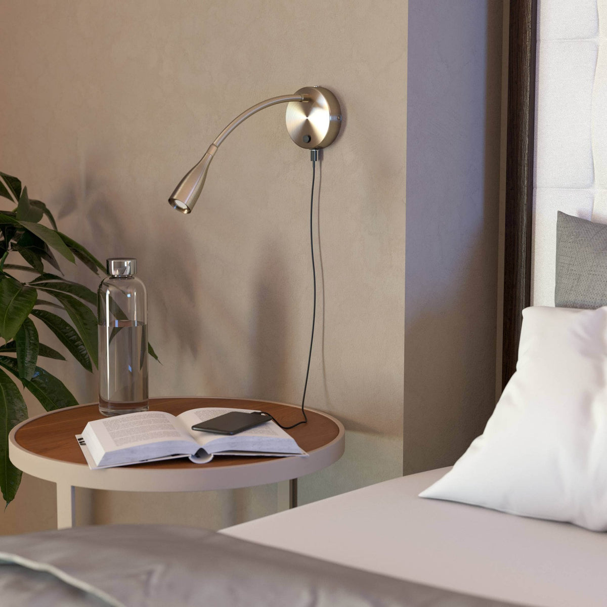 Olivandino Flexible LED Bedside Reader Wall Light with USB Charging Port in Satin Nickel