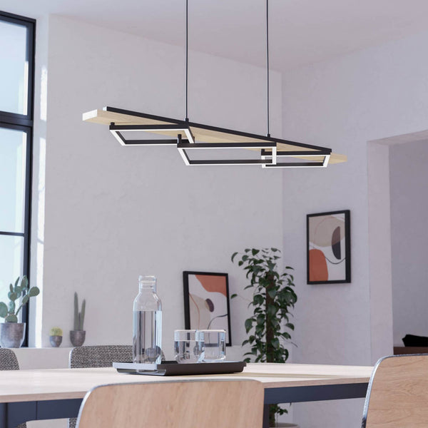 Boyal Angular LED Linear Pendant Light in Light Wood with Black Frames