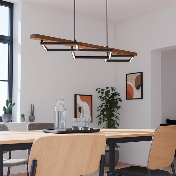 Boyal Angular LED Linear Pendant Light in Rustic Wood with Black Frames