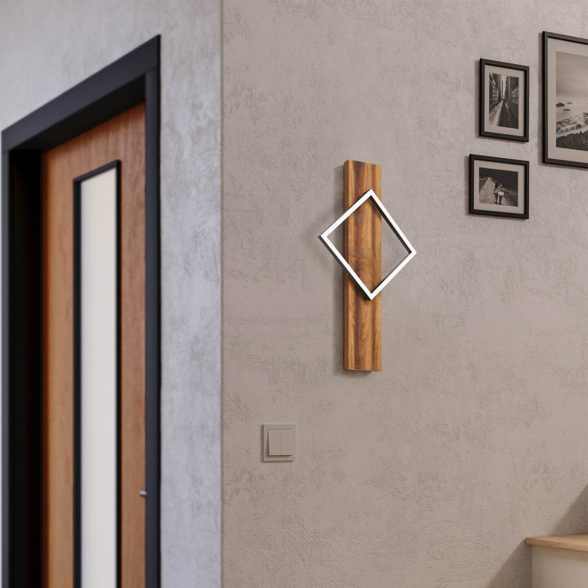 Boyal Angular LED Wall Light in Rustic Wood with Black Frame