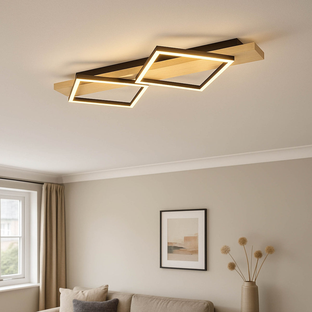 Boyal Angular Twin LED Ceiling Light in Light Wood with Black Frames