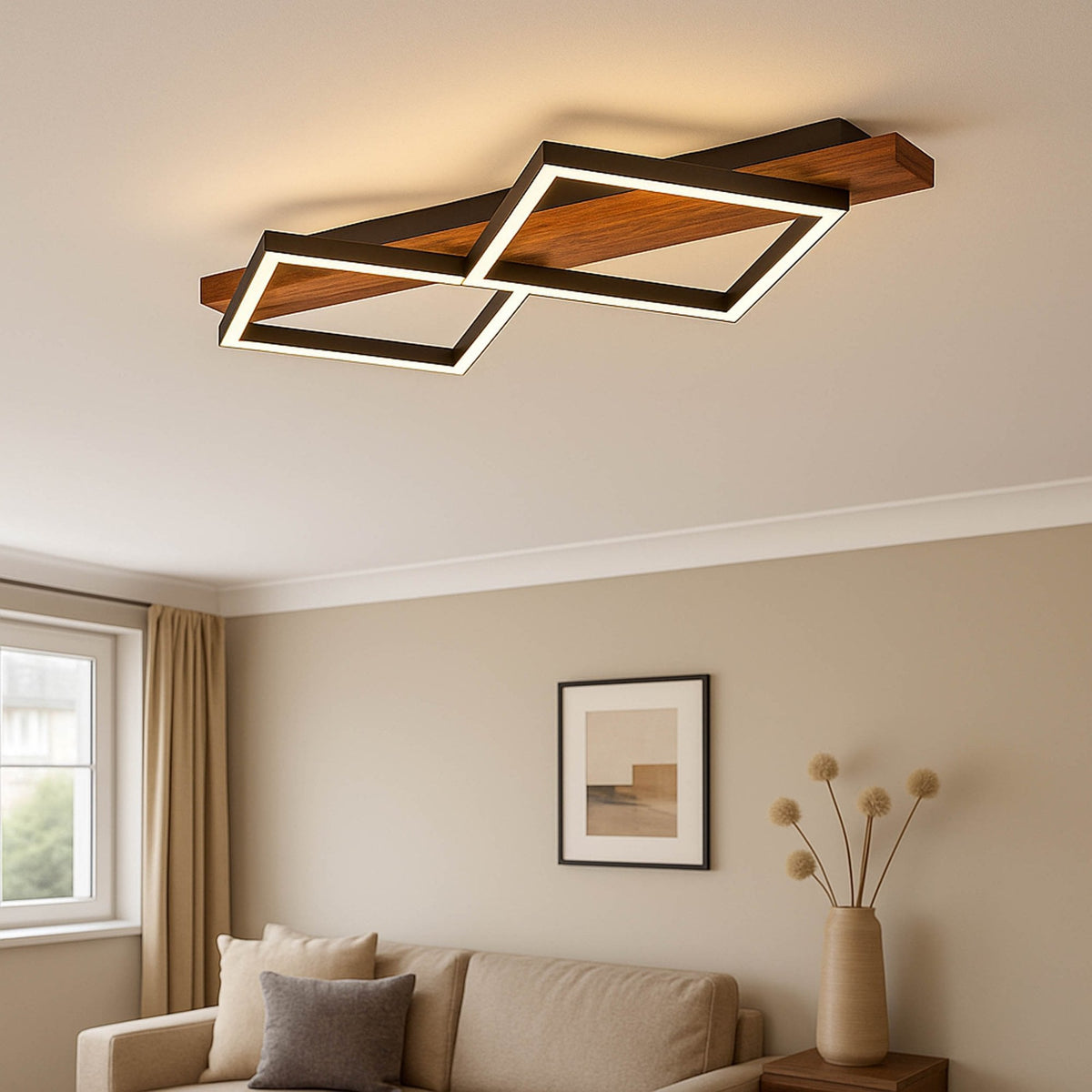 Modern LED ceiling light with two interlocking square frames and wood accents