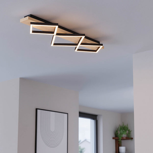 Boyal Angular Triple LED Ceiling Light in Light Wood with Black Frames