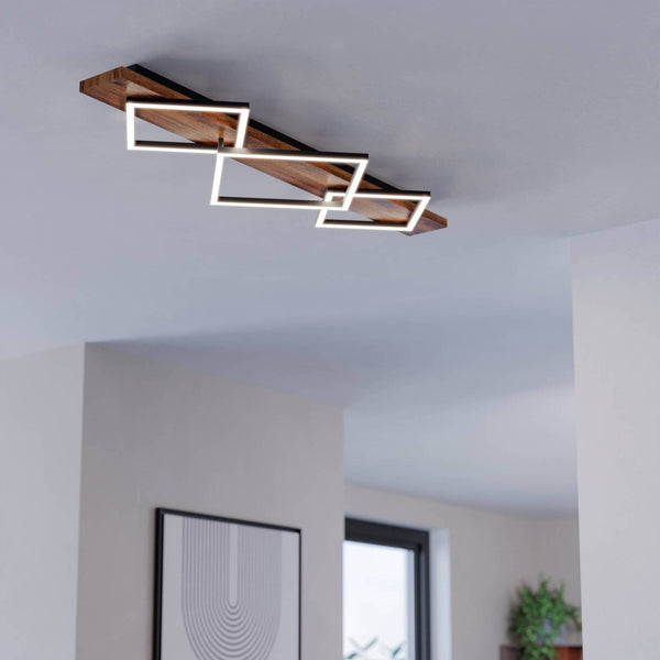 Boyal Angular Triple LED Ceiling Light in Rustic Wood with Black Frames